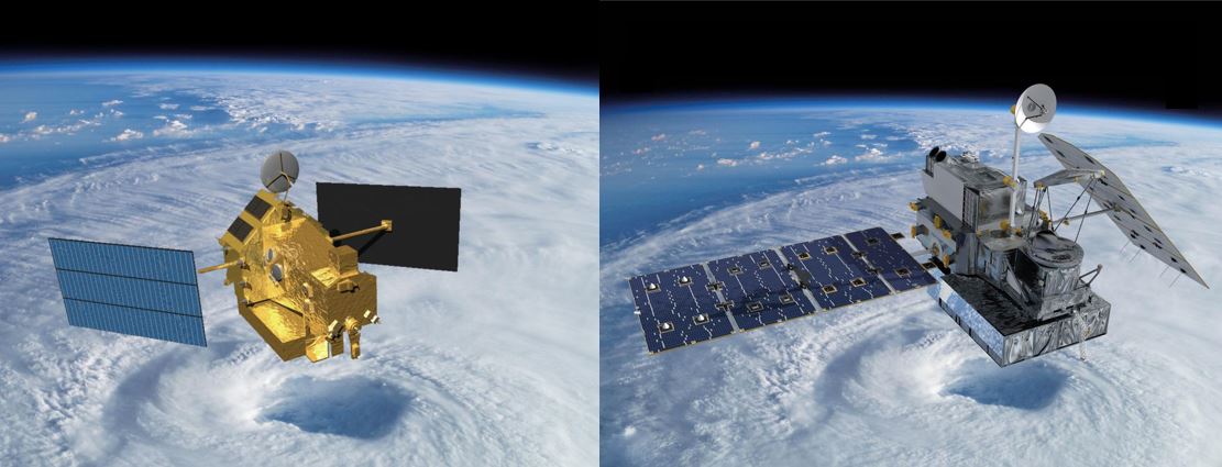 Artist renderings of the Tropical Rainfall Measuring Mission and Global Precipitation Measurement (GPM) Core Observatory satellites in space over a hurricane.
