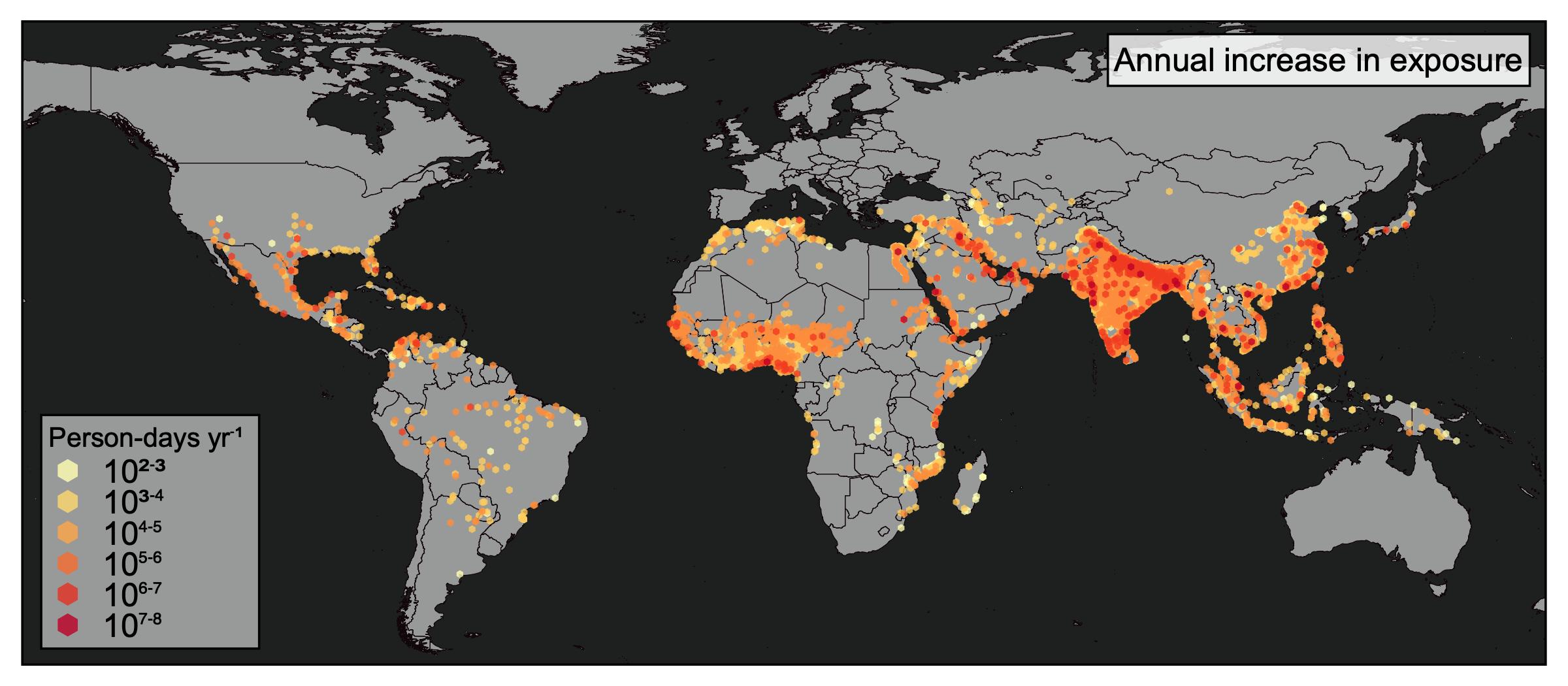 Global map showing areas of extreme heat exposure in red/orange.