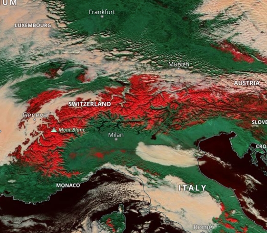 A Worldview screenshot of snow and clouds in the Alps.