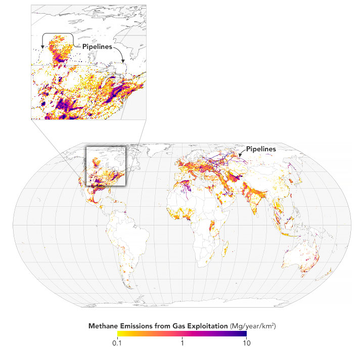 This map from the global inventory of methane emissions from fuel exploitation (GFEI) shows methane emissions from natural gas exploitation. Darker colors indicate more methane emissions.