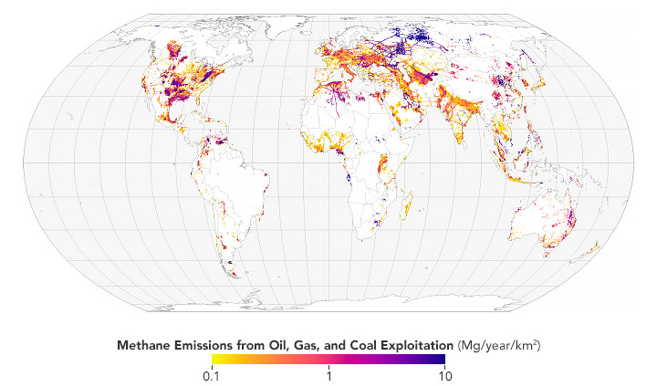 The map shows methane emissions from oil, coal, and gas exploitation, with a scale from yellow to dark purple. Darker colors indicate more methane emissions.
