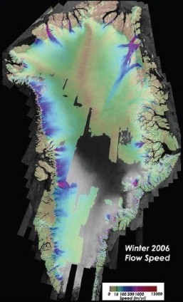 This is an image of ice velocity derived from IceBridge and other data.