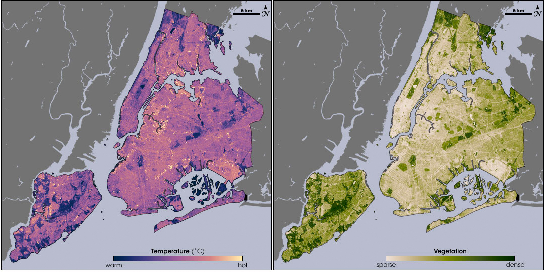 Temperature and vegetation images of the New York City five borough region showing how areas with high vegetation can help mitigate urban heat island effects. The left image shows temperature ranging from warm (darker colors) to hot (brighter colors). The right image shows vegetation cover ranging from sparse (lighter colors) to dense (darker colors). Note how areas with denser vegetation (such as the rectangle indicating Manhattan's Central Park just above the center of both images) is cooler than the surr