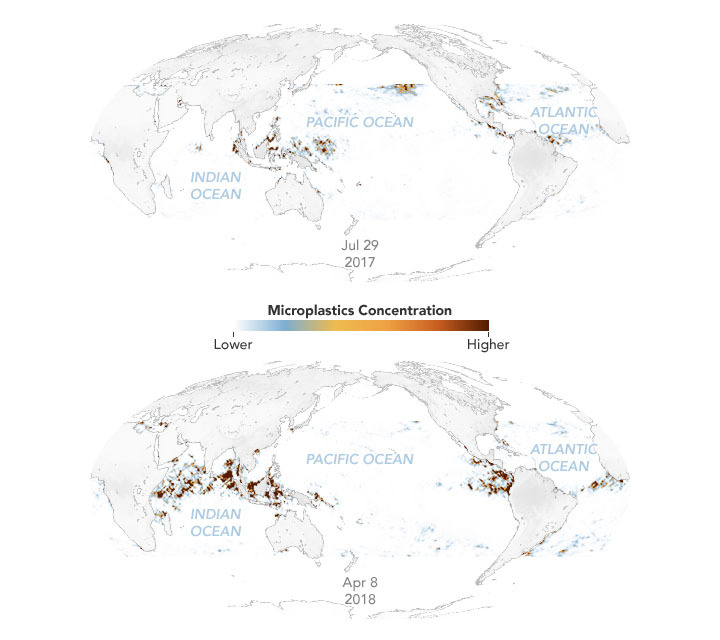 Two maps show the concentration of microplastics across the ocean, on July 29, 2017 and April 8, 2018. 