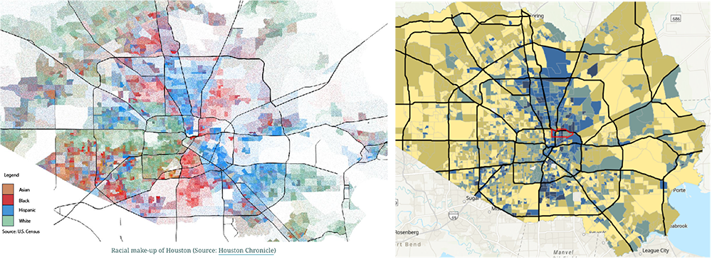 Left map: Racial make-up of the Greater Houston Metropolitan Area. Right map: Block group level Flood Vulnerability Index created by SEDAC and IRI. Darker colors (such as in north Houston) indicate regions of higher flood vulnerability. Note how the high percentage of Black (red) and Hispanic (blue) communities shown in the left-side map correspond with areas with high flood vulnerability shown in the right-side map. The red outline near the center of the right map indicates the Kashmere Gardens community. 