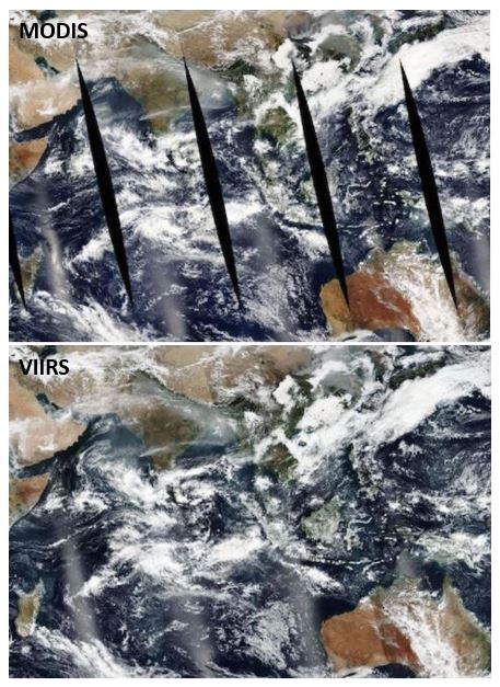 This is a comparison image of the swath width for MODIS and VIIRS.