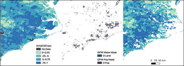 This graphic shows the difference between the CDC SVI (left) and masked vulnerability grids (right). The result of using the masking technique is to remove areas with no population, providing a dataset in a spatial format that's refined for doing exposure and hazard assessments. Credit: Dr. Carolynne Hultquist