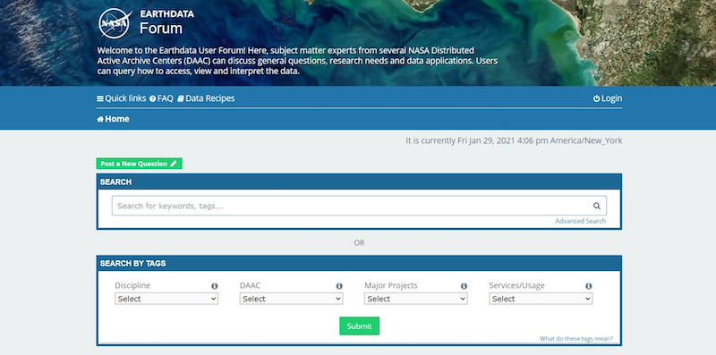 Screenshot of Earthdata Forum landing page