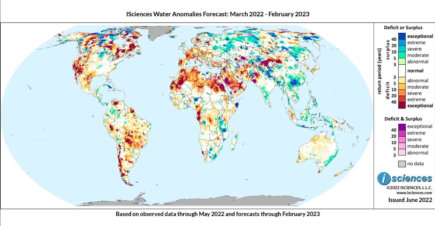 This map from ISciences Water Security Indicator Model presents a selection of regions likely to encounter significant water anomalies during the one-year period beginning in March 2022 and running through February 2023 
