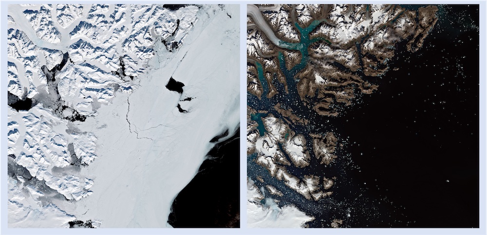 Side-by-side comparison of glacier with snow and sea ice in April (left image) and predominately open water in August (right image).