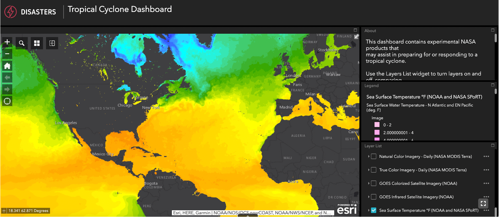 Global map with ocean temperature in various colors.