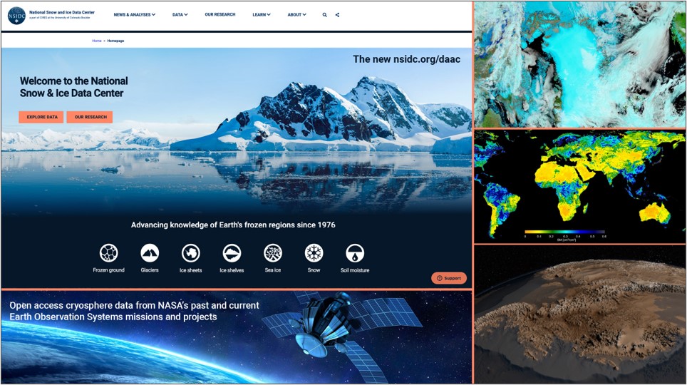 This webinar banner image shows the NSIDC DAAC snow and ice data  and the new web page.