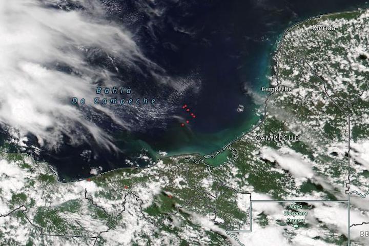Red fire points indicating the presence of oil rigs in Campeche Bay, Mexico on 1 August 2022 as captured by VIIRS instrument aboard joint NASA/NOAA NOAA-2 satellite.