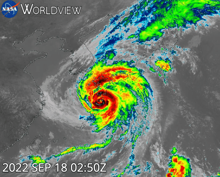 Clean Infrared animation of Super Typhoon Nanmadol over Kyushu Island, Japan on 18 September 2022 (AHI/Himawari-8)