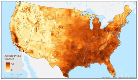 Map of US showing PM2.5 concentrations with higher concentrations in the east.