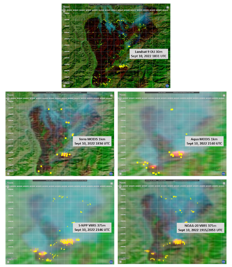 Multi sensor imaging of the Double Creek Fire in Oregon on 10 September 2022. Active fire detections derived from Landsat-9/OLI 30 m (displayed on a Landsat 9 HLS surface reflectance image), Terra/MODIS 1 km, Aqua/MODIS 1 km,  S-NPP/VIIRS 375 m and NOAA-20/VIIRS 375 m (all displayed on respective MODIS and VIIRS corrected reflectance images), are marked in yellow. 