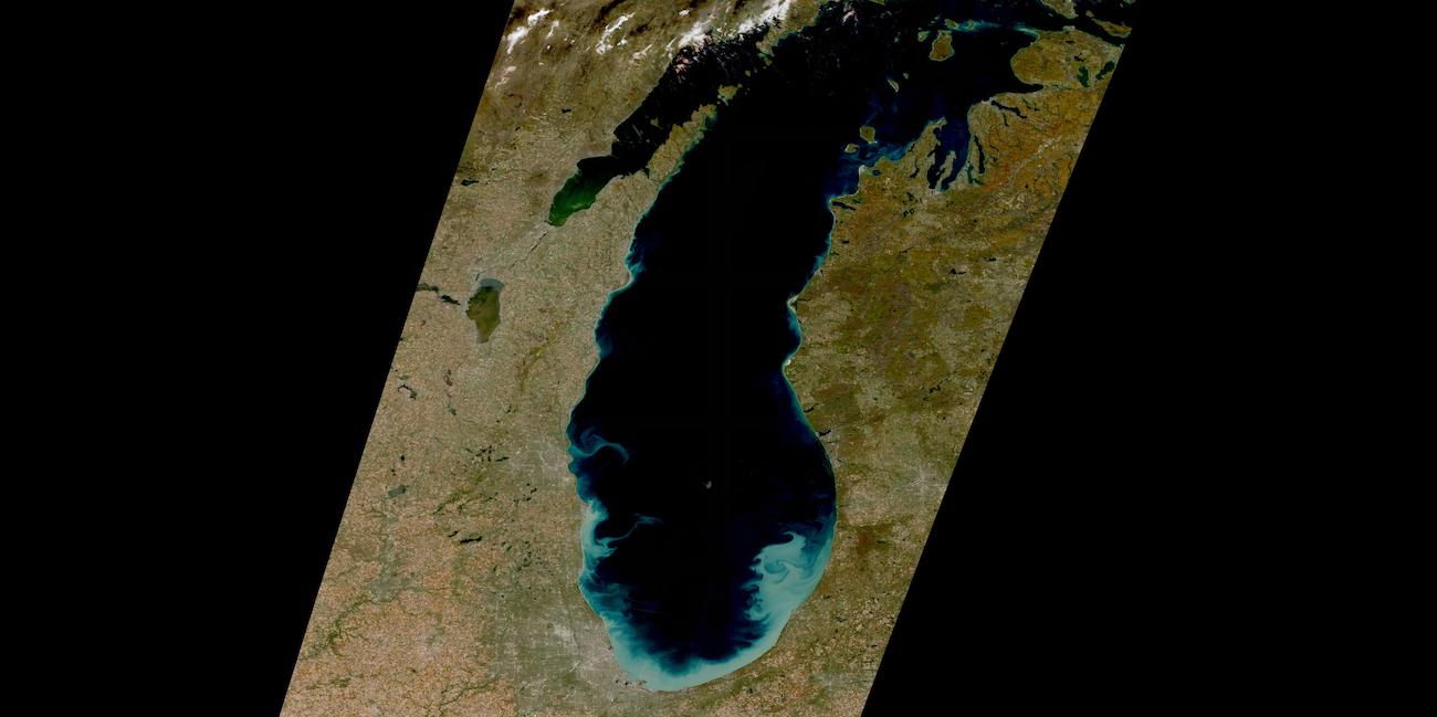 Blue swirls of phytoplankton in Lake Michigan on 22 October 2022