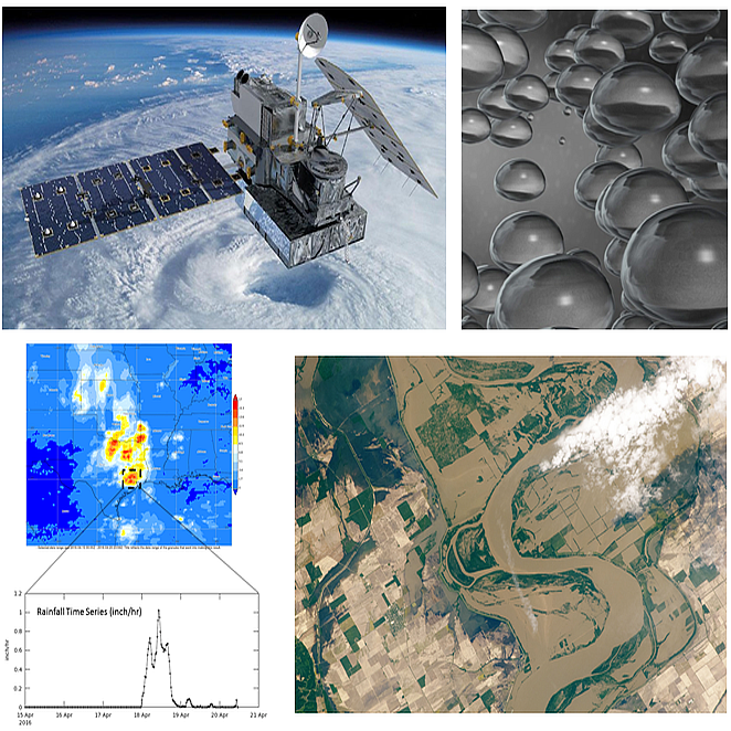 This webinar banner image shows the GPM satellite, raindrops, a Giovanni output for precipitation, and satellite image that shows flooding.
