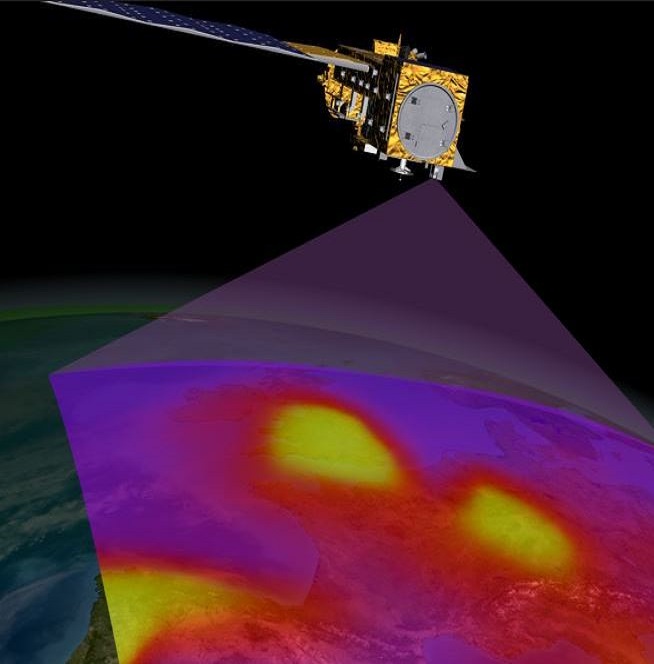 An artist's conception of Aura's OMI instrument scanning the atmosphere