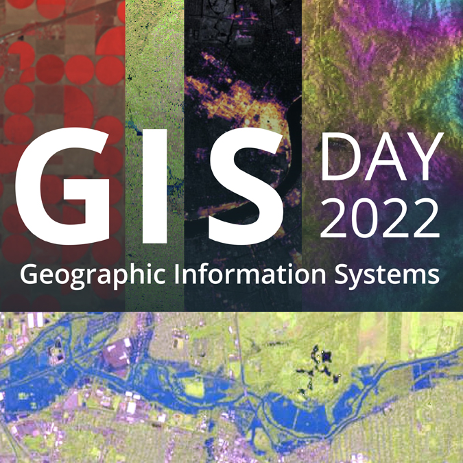 5-panel image showing various GIS maps with words GIS Day 2022 in white with words Geographic Information Systems in white below.
