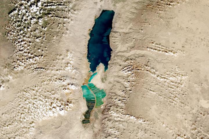 True color image of the Dead Sea and Salt Evaporation Ponds on 21 December 2022 from the MSI instrument aboard ESA's Sentinel 2A and 2B satellites