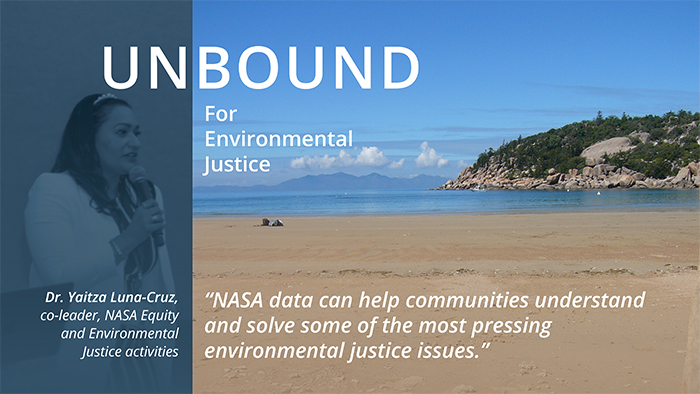 Two panel image with person on left and image of beach on right; text Unbound for Environmental Justice