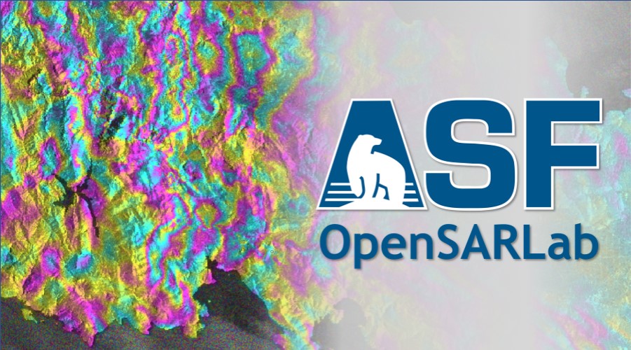 This webinar banner image contains an interferogram over Antikyra, Greece and the Alaska Satellite Facility (ASF) OpenSARLab logo