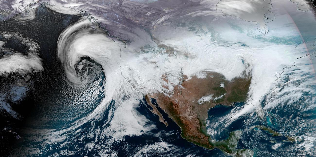 GeoColor image of a bomb cyclone approaching the west coast of the United States of America on 4 January 2023 at 17:30UTC from the GOES-West satellite