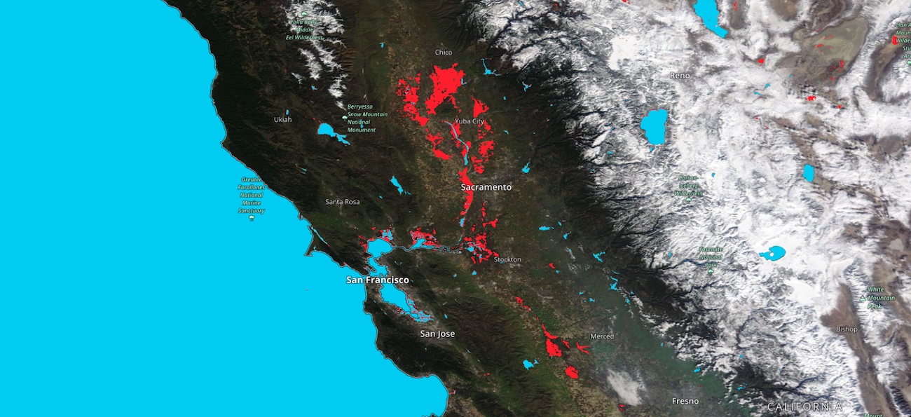 Image showing flooding in Central California from a 3-day flood composite ending 23 January 2023 from the MODIS instruments aboard the Terra and Aqua satellites
