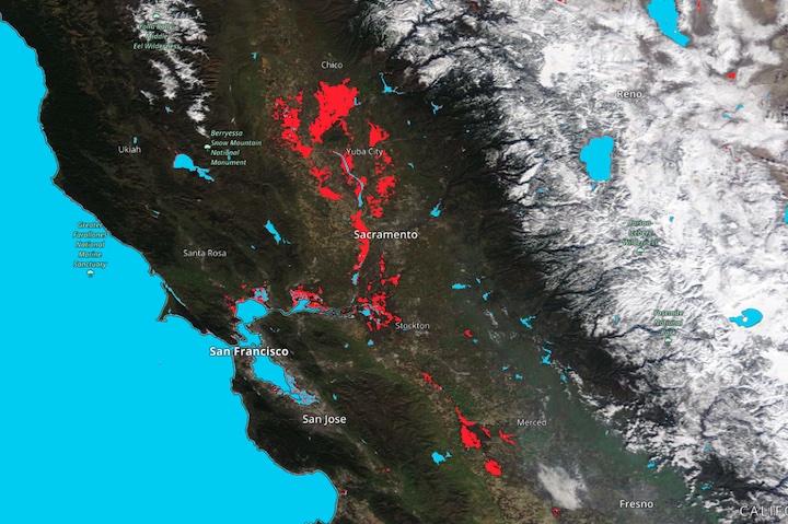 Image showing flooding in Central California from a 3-day flood composite ending 23 January 2023 from the MODIS instruments aboard the Terra and Aqua satellites