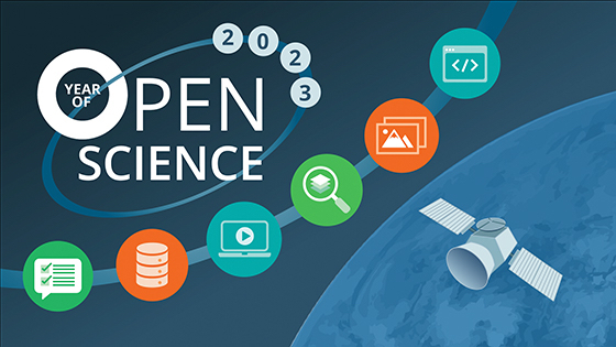 Words Open Science and Year of with 2023 in a ring; colored circles in a semi-circle with icons for open science