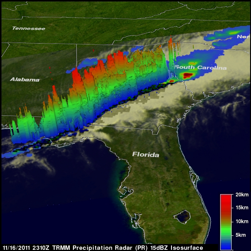 Image of US Southeast with a line of storms extending southwest to northeast; colors indicate cloud top height from blue (low) to red (high)
