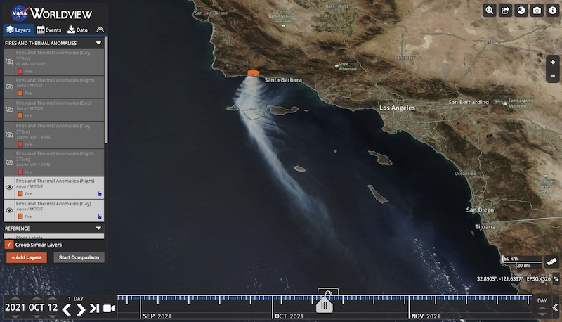 Screenshot of Alisal Fire in near Santa Barbara, CA on 12 October 2021