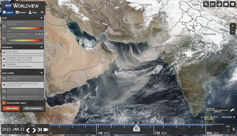 Image screen capture of Worldview showing a dust storm in the Arabian Sea on 22 January 2022
