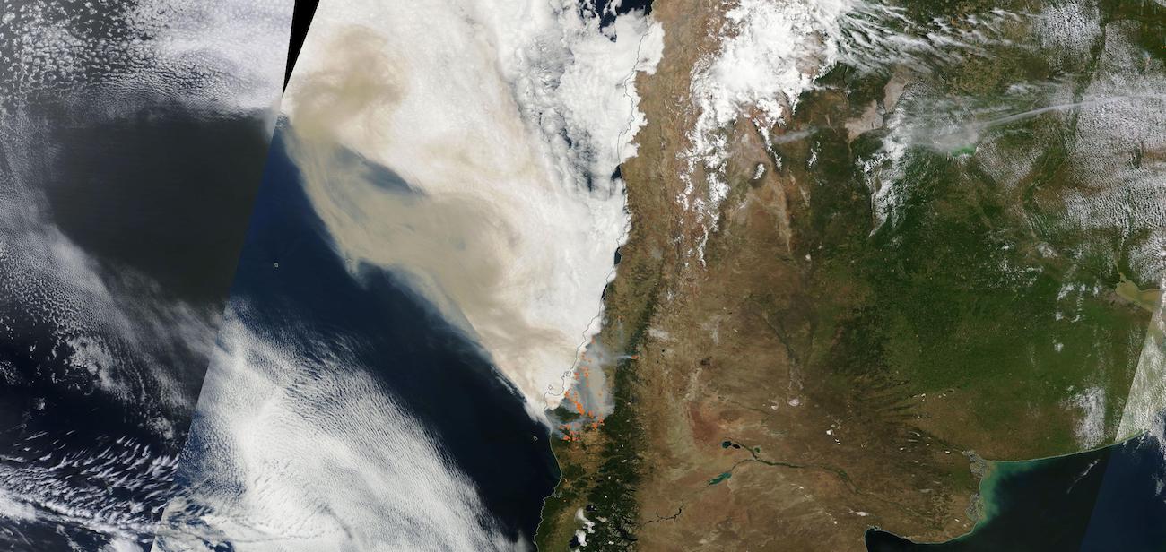 True color image of smoke from fires in Chile on 4 February 2023 from the MODIS instrument aboard NASA's Terra satellite