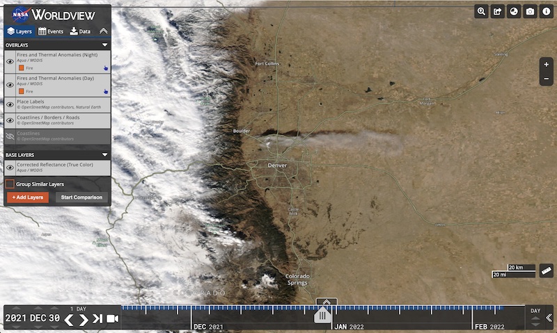 Screenshot of the Marshall Fire in Colorado on 30 December 2021