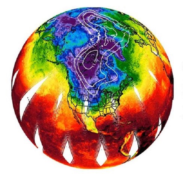This image from the AIRS instrument shows surface air temperature over North America and the Arctic on December 22nd, 2022. 