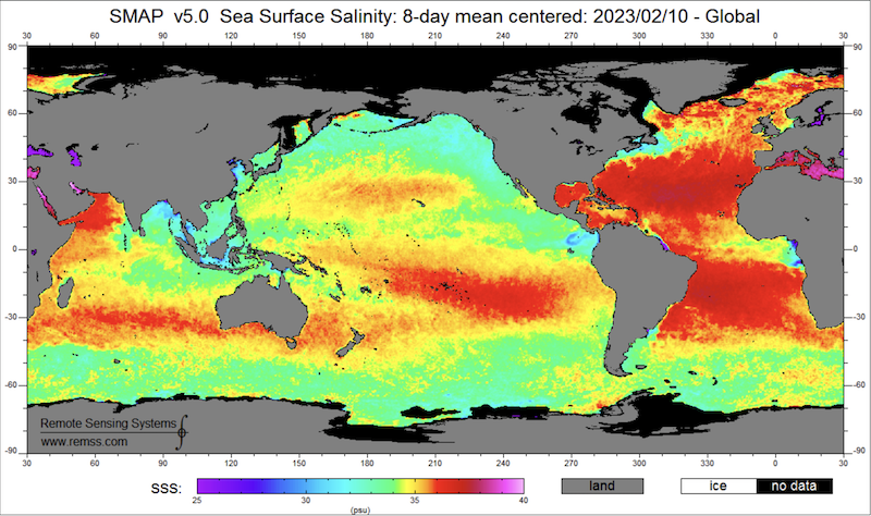 global map of sea surface salinity with colors indicating salinity ranging from green (average) to red (high)