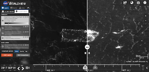Worldview Suomi NPP/VIIRS nighttime lights comparison image showing power outages caused by Hurricane Irma in September 2017. The right image (acquired September 1) shows the island before Hurricane Irma. The left image (acquired September 9) shows power outages across the island after the storm. Credit: NASA Worldview.