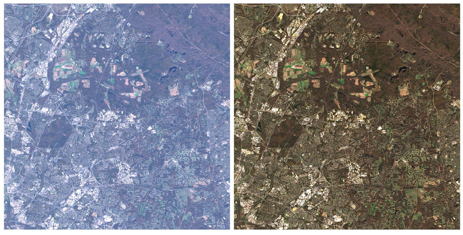 Left image: True color composite of a Harmonized Landsat Sentinel-2 (HLS) image with top-of-atmosphere (TOA) reflectance. Right image: Same view as left image showing surface reflectance after atmospheric correction with Land Surface Reflectance Code (LaSRC). Credit: NASA HLS.