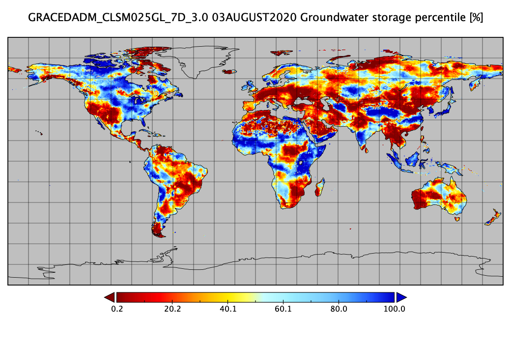 GRACE & GRACE-FO assimilated groundwater storage percentile on August 3rd, 2020, with lower values (warmer colors) indicating drier-than-normal conditions, and higher values (colder colors) indicating wetter-than-normal conditions. This map was generated in Panoply.