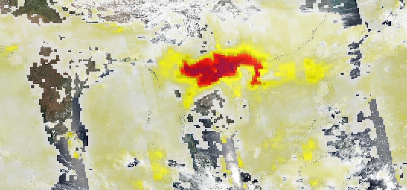 Dark reds indicating high aerosol index over Laos and Vietnam as a result of agricultural burning on 27 March 2023 captured by the OMPS instrument aboard the joint NASA/NOAA Suomi NPP satellite