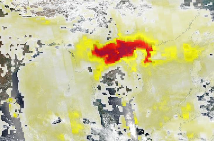 Dark reds indicating high aerosol index over Laos and Vietnam as a result of agricultural burning on 27 March 2023 captured by the OMPS instrument aboard the joint NASA/NOAA Suomi NPP satellite