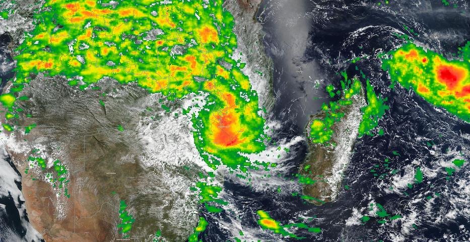 Tropical Cyclone Freddy Continues over Mozambique and Malawi on 13 March 2023 (VIIRS/Suomi NPP and IMERG Precipitation Rate)