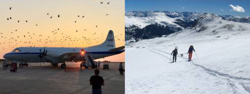Left image = aircraft and birds at sunrise; right image = scientists on snowy field on skis