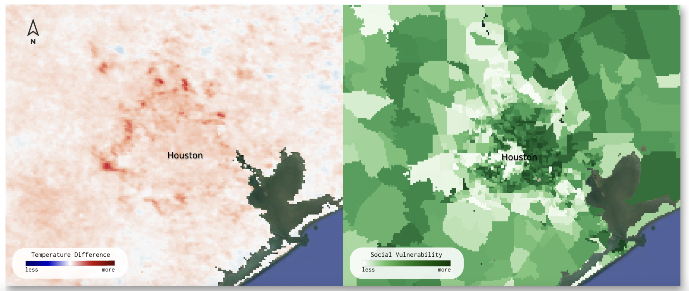 side-by-side images of Houston heat map (left image) with areas of higher heat in red/orange and Houston social vulnerability (right image) with areas of higher social vulnerability in darker shades of green