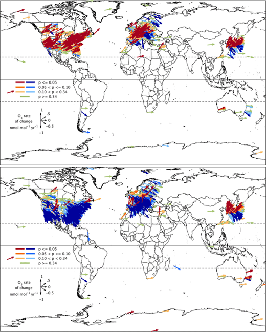 These maps (click link for larger image) show trends of daytime average ozone from 2000–2014 at 1375 non-urban sites in December–January–February (top) and 1784 non-urban sites in June–July–August (bottom). Blues indicate negative trends, oranges indicate positive trends, and green indicates weak or no trend.