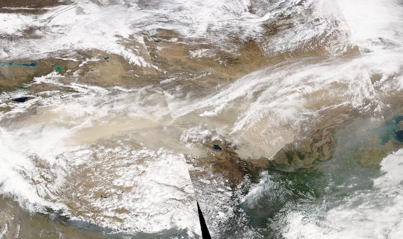 True color corrected reflectance image of a dust storm in China on 19 April 2023. Image is from the MODIS instrument aboard the Aqua satellite. 