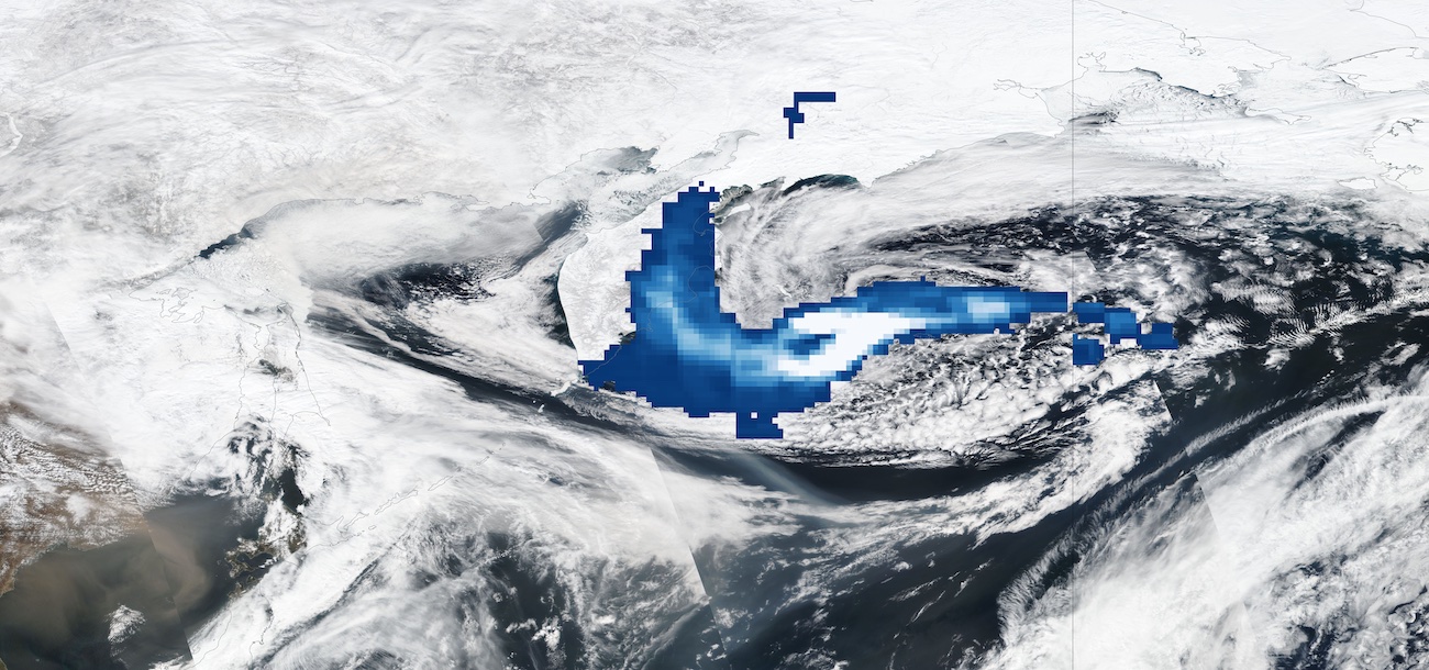 Sulfur Dioxide Plume, shown in shades of blue, from the Shiveluch Volcano eruption in Russia on 12 April 2023, image from the OMPS and VIIRS instruments aboard the joint NASA/NOAA Suomi NPP satellite