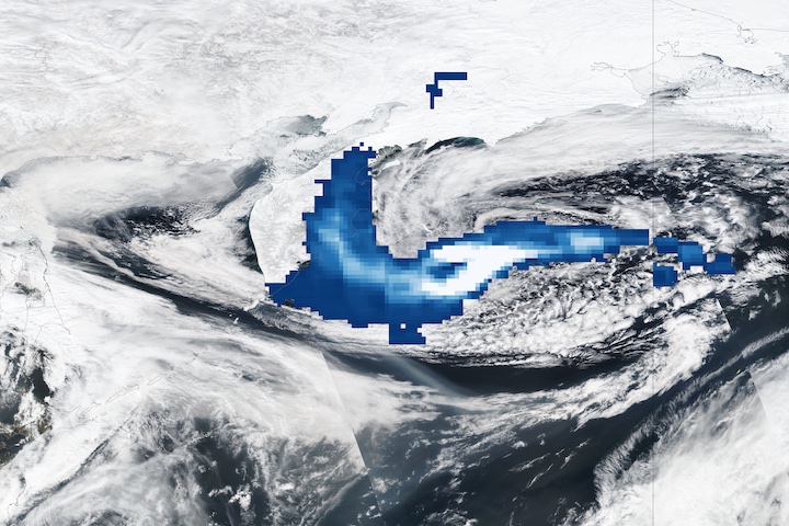 Sulfur Dioxide Plume, shown in shades of blue, from the Shiveluch Volcano eruption in Russia on 12 April 2023, image from the OMPS and VIIRS instruments aboard the joint NASA/NOAA Suomi NPP satellite
